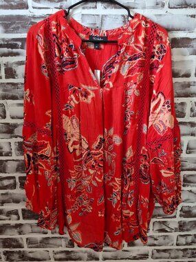New RD + Koko 2X Peasant Blouse Red Floral Flowy Boho